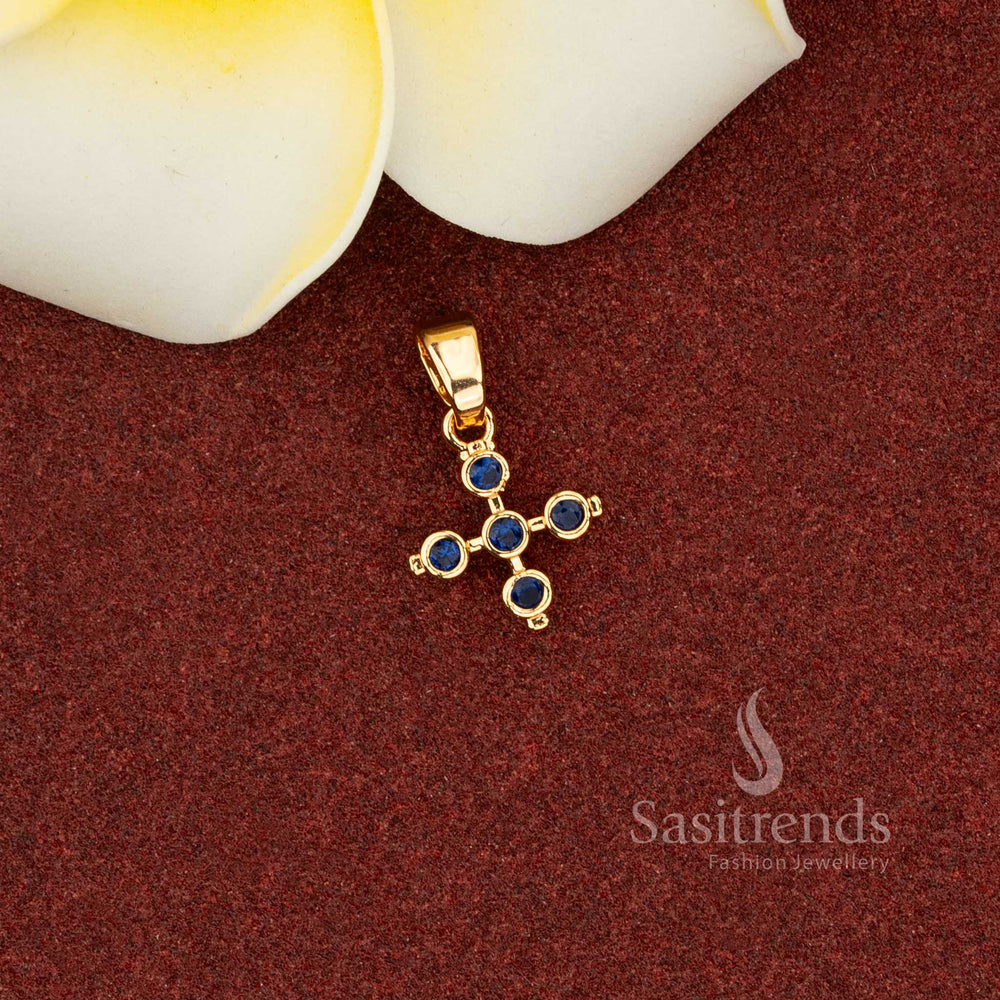 Sasitrends Traditional 24K Blue Micro Gold Plated AD Stone Cross Pendant