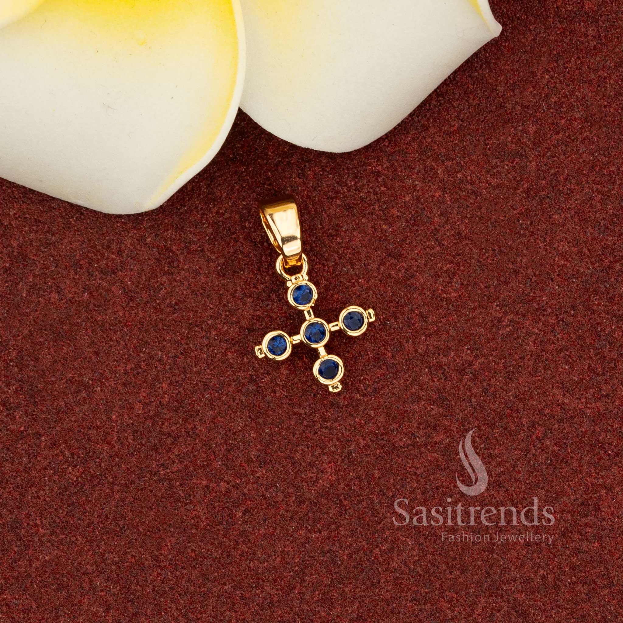 Sasitrends Traditional 24K Blue Micro Gold Plated AD Stone Cross Pendant