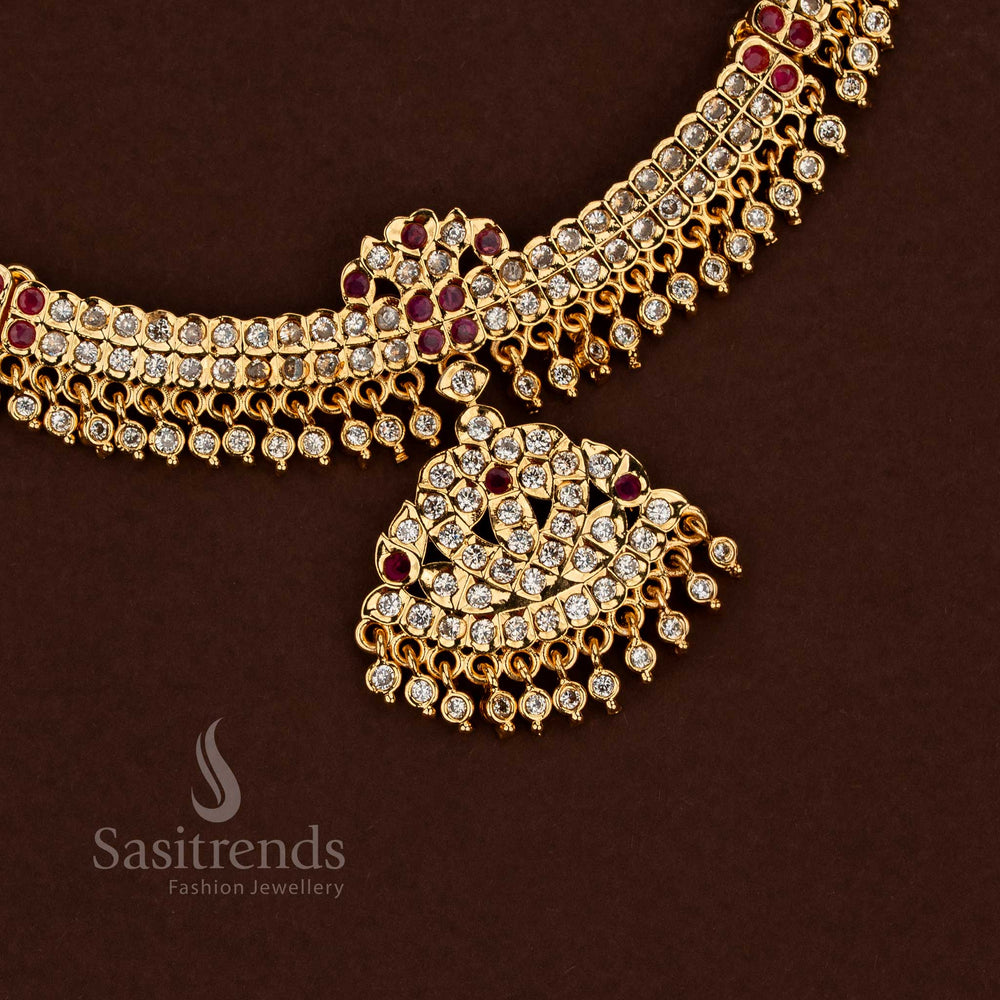 Stunning micro gold plated white ruby dual linear round stone heart pendant necklace for festive wear - Sasitrends