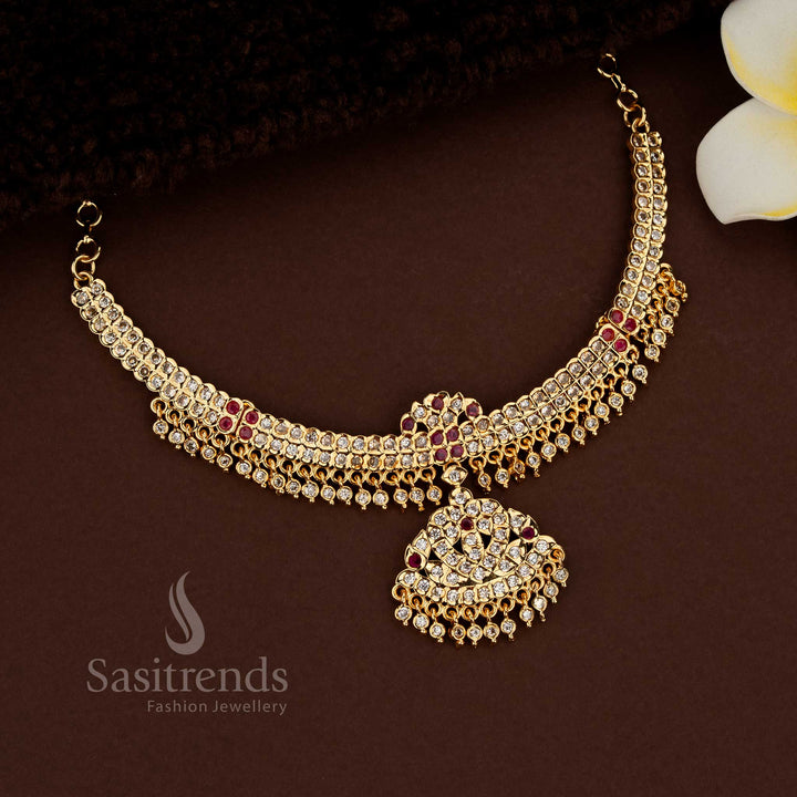 Premium micro gold plated white ruby Addigai dual line round stone heart pendant necklace design - Sasitrends
