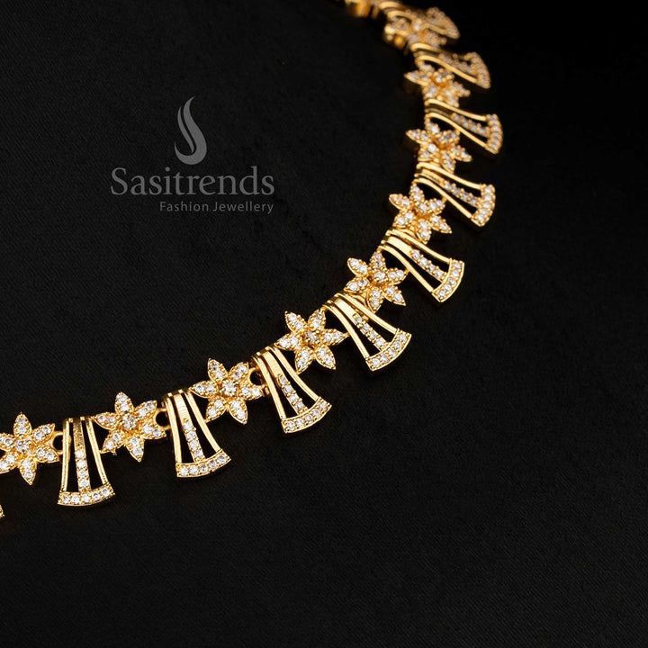 Radiant Micro Gold Plated American Diamond Necklace Set with Floral Trapezoid Design and Tassels for Celebrations – sasitrends