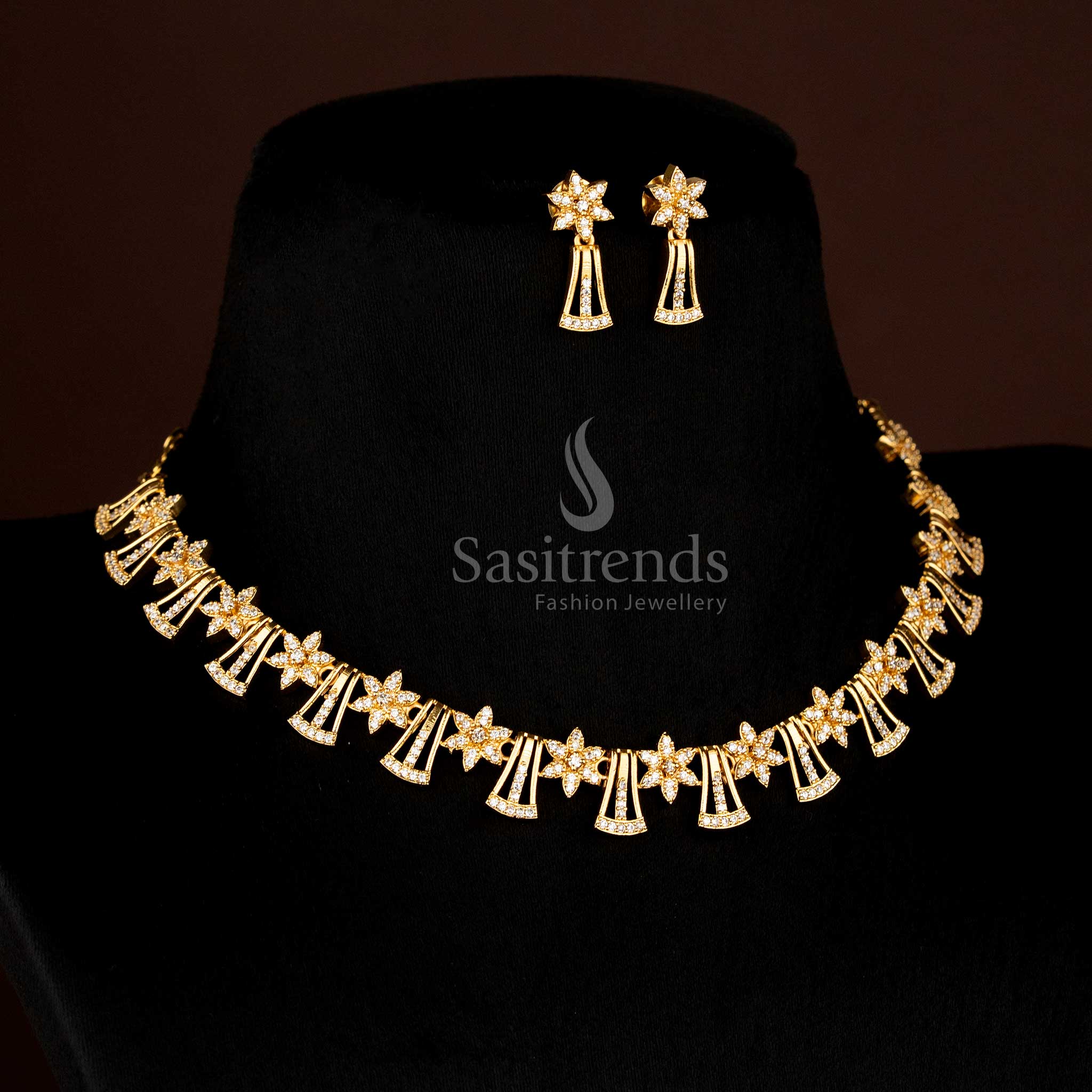 Dazzling Micro Gold Plated American Diamond Floral Necklace Set with Tassel Trapezoid Pattern – sasitrends
