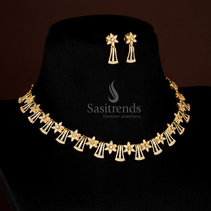 Dazzling Micro Gold Plated American Diamond Floral Necklace Set with Tassel Trapezoid Pattern – sasitrends