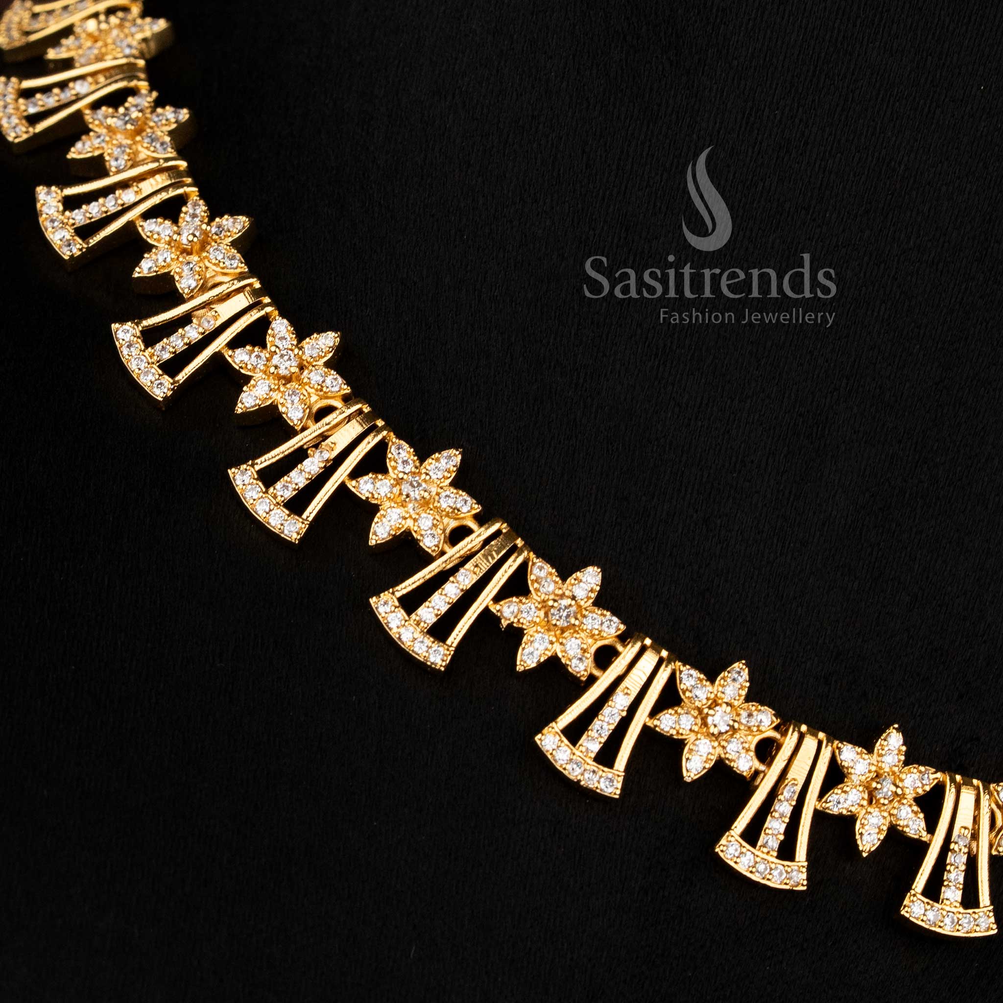 Radiant Micro Gold Plated American Diamond Necklace Set with Floral Trapezoid Design and Tassels for Celebrations – sasitrends