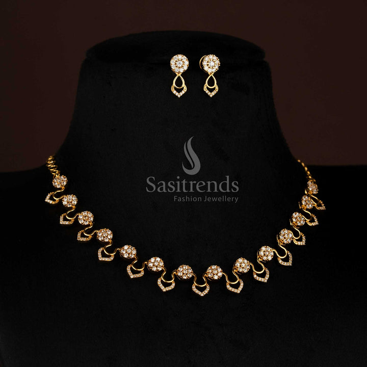 Sasitrends White American Diamond Micro Gold Plated Floral Cluster Necklace Set