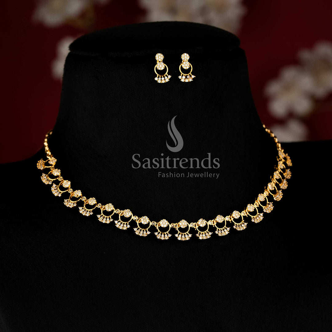 Elegant matte gold plated necklace set with halo design and detailed stone drop pattern - Sasitrends