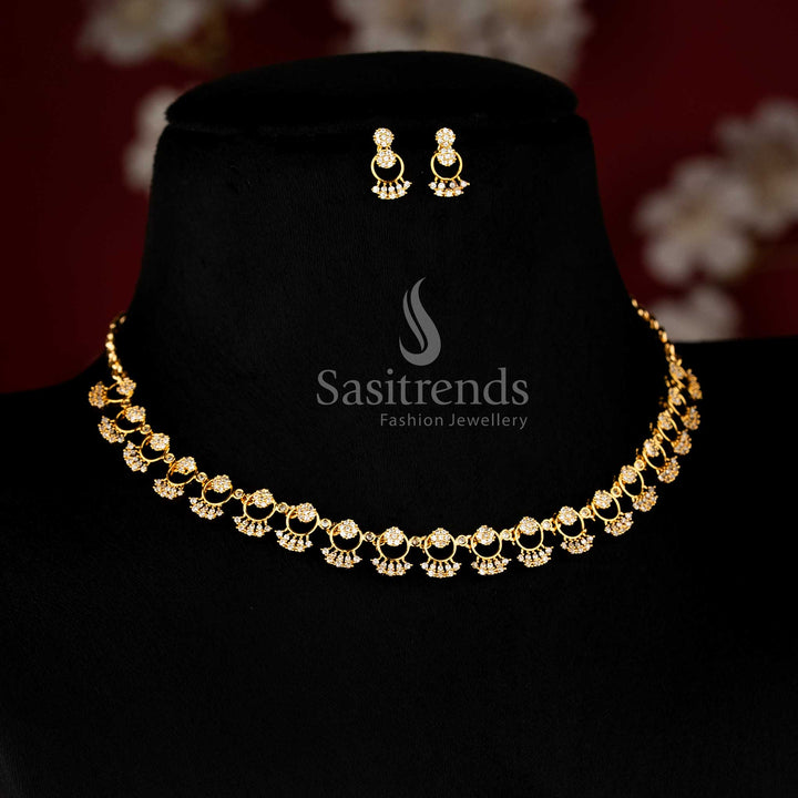 Elegant matte gold plated necklace set with halo design and detailed stone drop pattern - Sasitrends