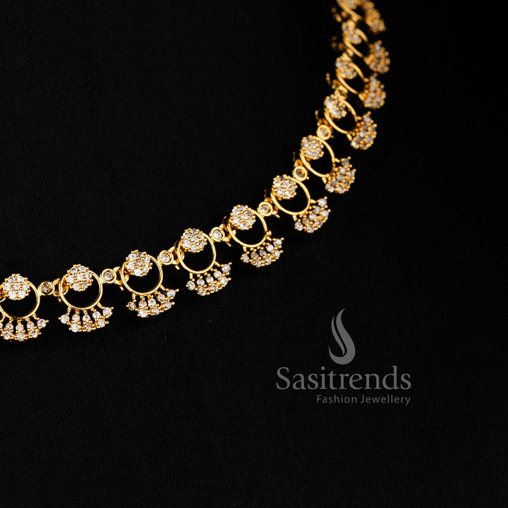 Elegant matte gold plated necklace set with halo design and detailed stone drop pattern - Sasitrends 