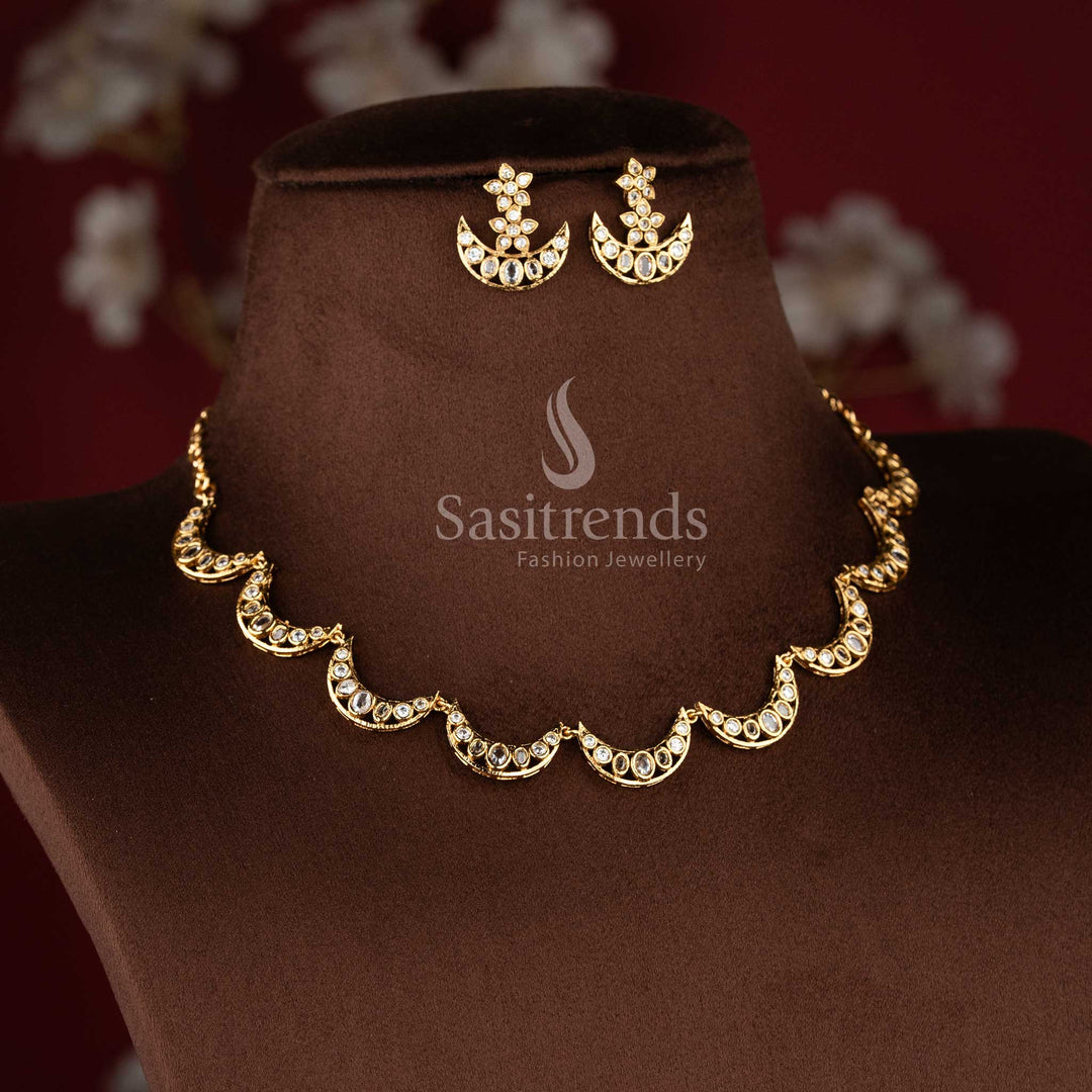 Matching celestial-themed earrings with a floral stud and crescent moon base encrusted with brilliant white stones 2765J - Sasitrends