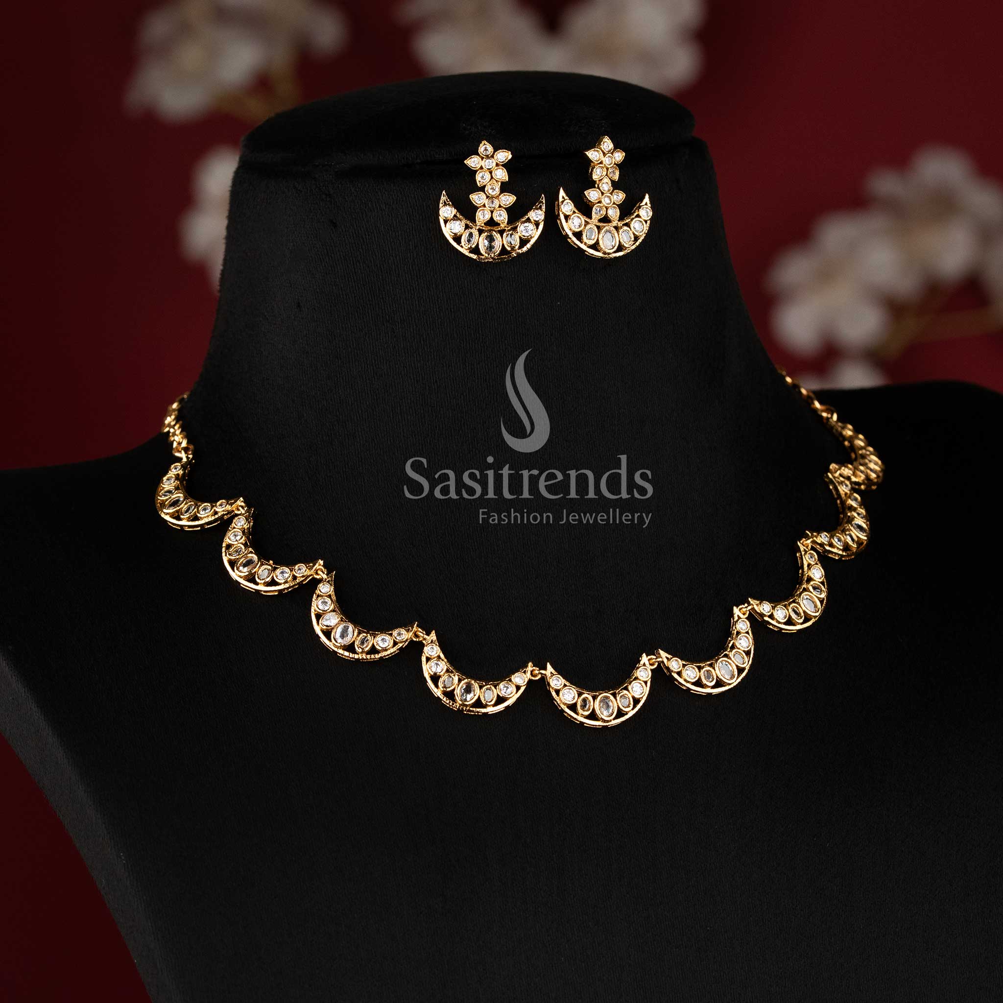 Traditional temple matte gold plated necklace set featuring a repeating crescent moon motif with white stone settings 2765J - Sasitrends