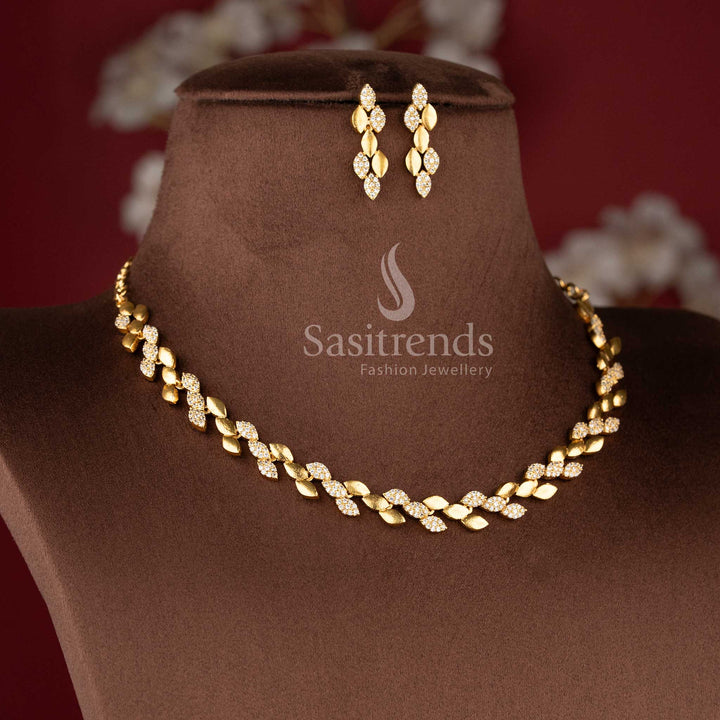 Elegant Matte Gold Plated Leaf Pattern American Diamond Necklace Jewellery Set for women - Sasitrends