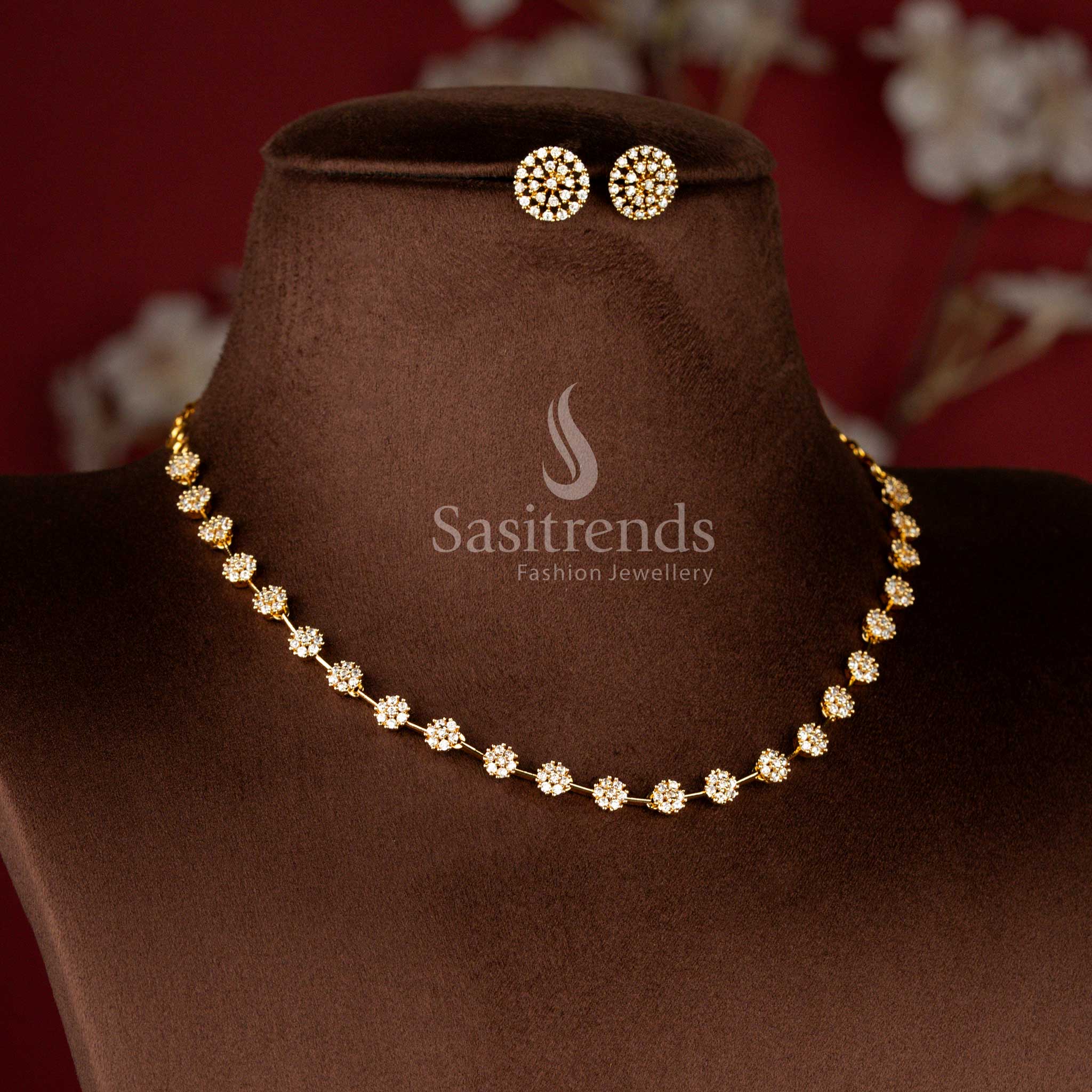 Sparkling American Diamond Floral Cluster Necklace Jewellery Set with Matte Gold Plated Finish - Sasitrends