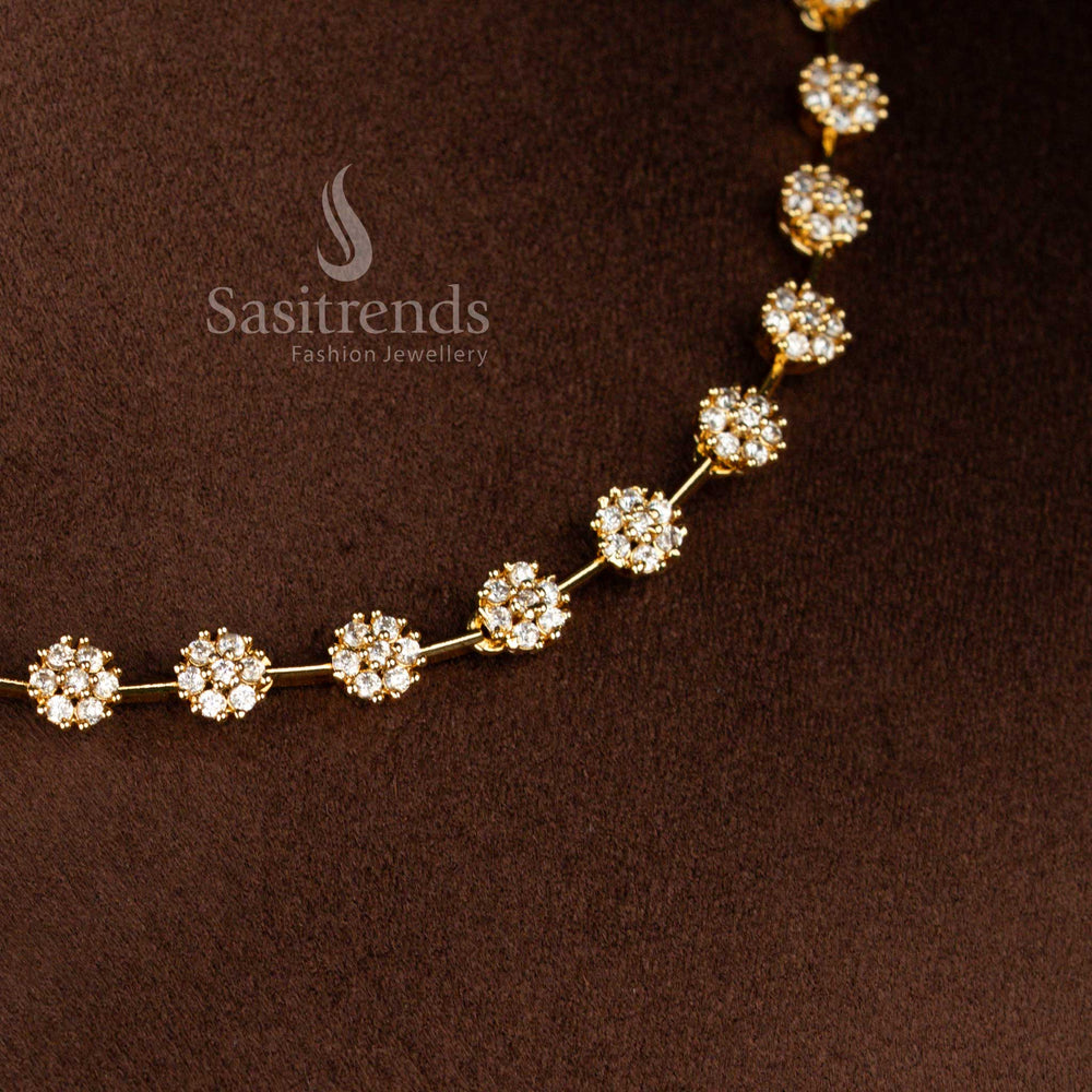 Sparkling American Diamond Floral Cluster Necklace Jewellery Set with Matte Gold Plated Finish - Sasitrends