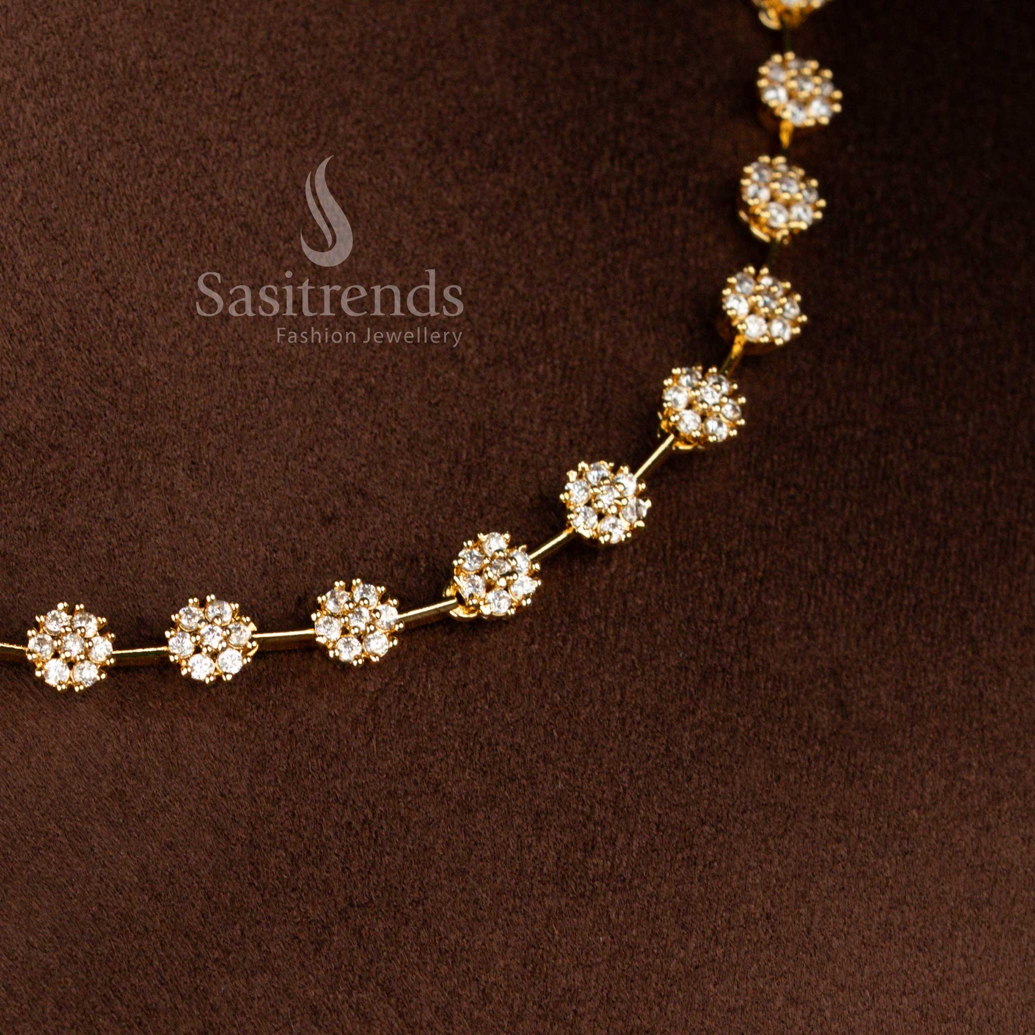 Sparkling American Diamond Floral Cluster Necklace Jewellery Set with Matte Gold Plated Finish - Sasitrends