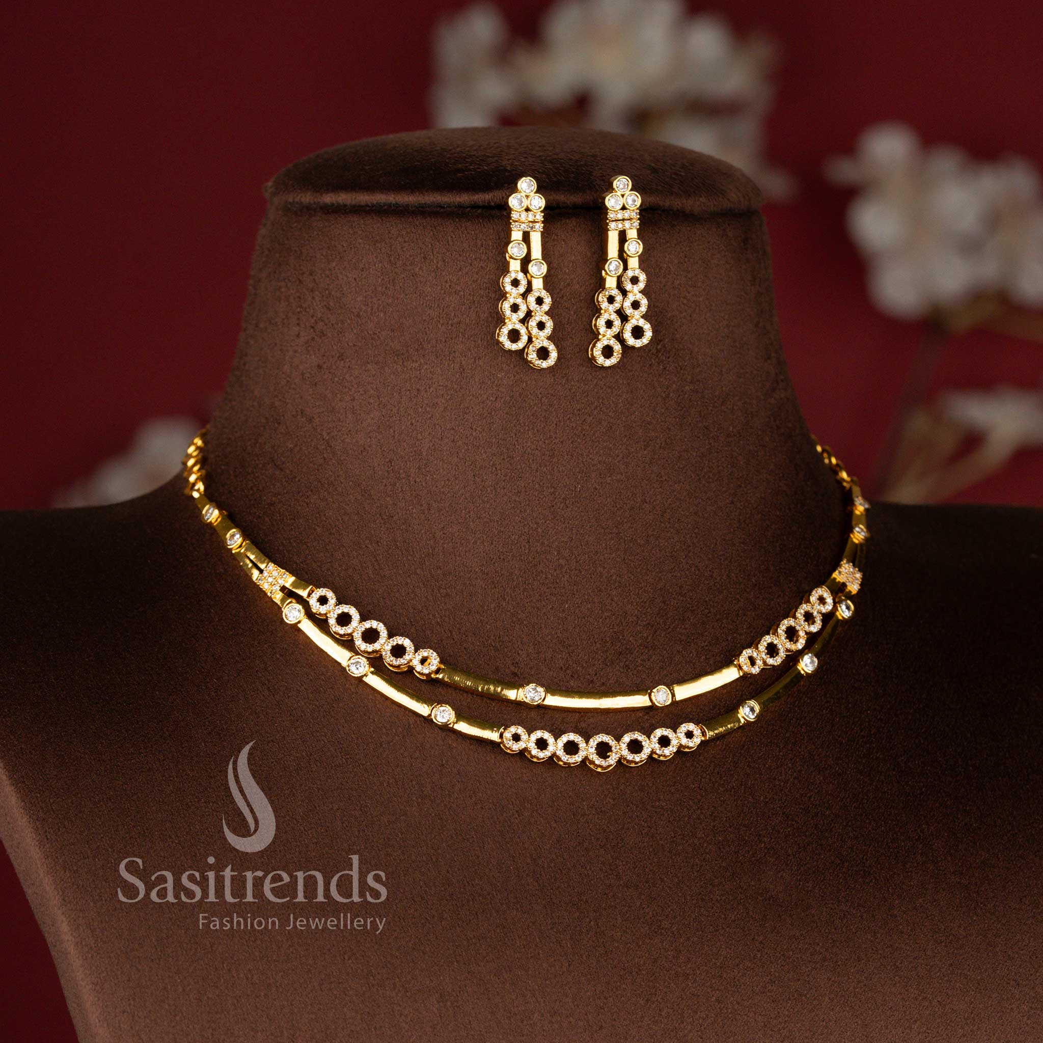 American Diamond Matte Gold Plated Contemporary Layered Necklace Jewellery Set with Matching Drop Earrings - Sasitrends