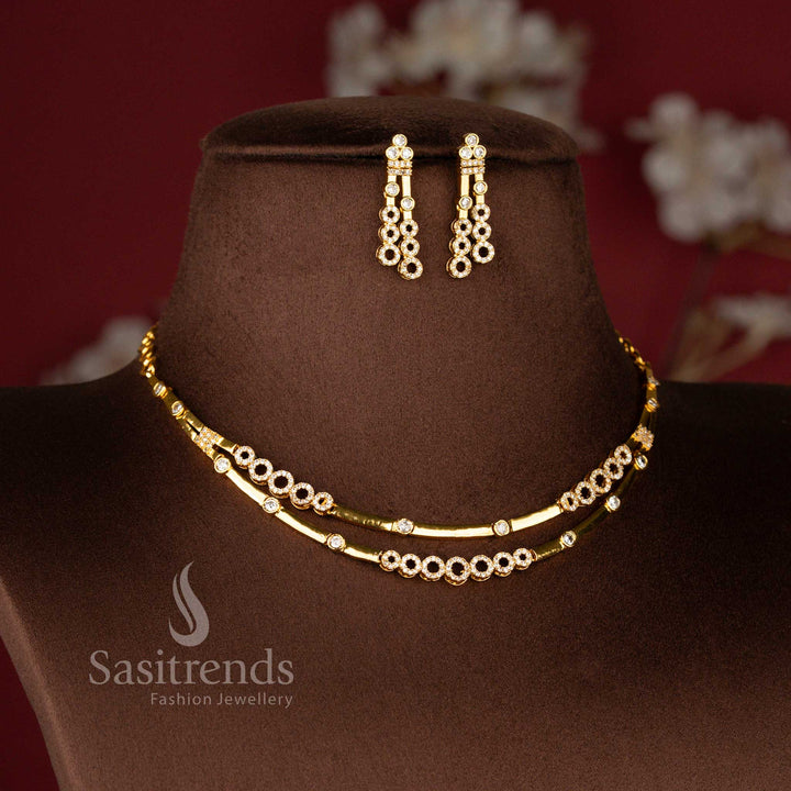 American Diamond Matte Gold Plated Contemporary Layered Necklace Jewellery Set with Matching Drop Earrings - Sasitrends