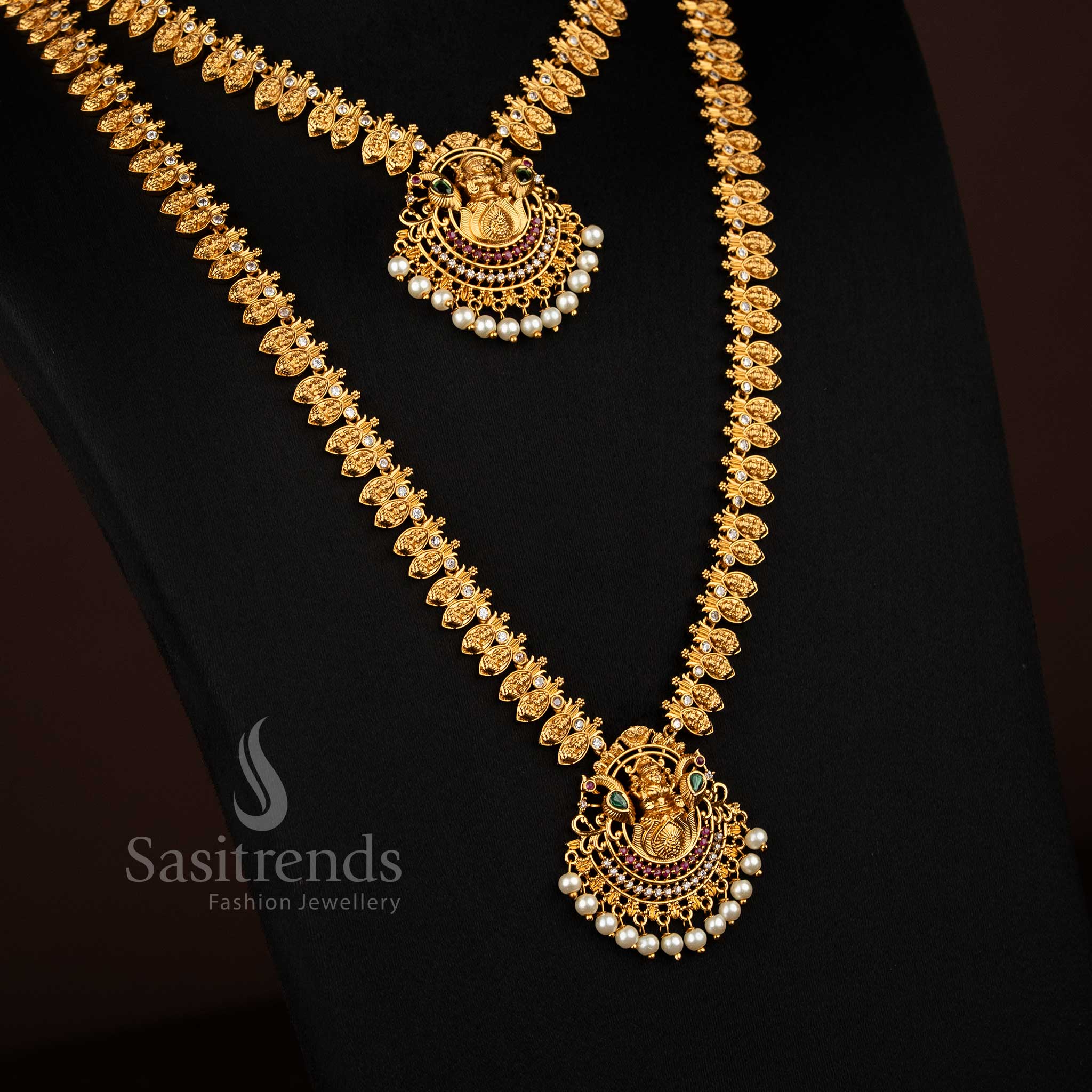 Wedding bridal wear short and long matte gold plated dual peacock necklace with Lakshmi lotus floral pattern and vibrant multi-colored stones for festive wedding jewellery - Sasitrends
