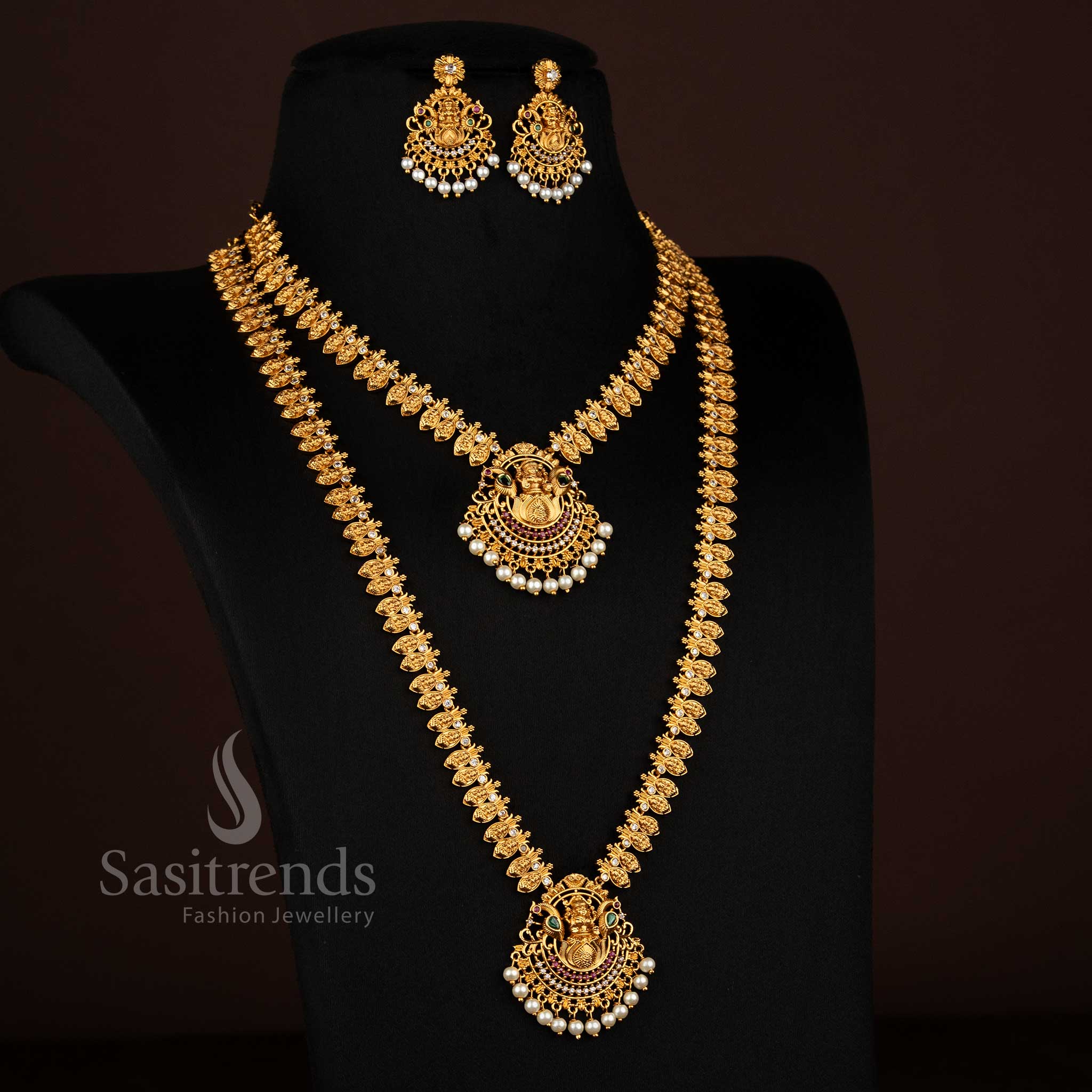 Enchanted short and long matte gold plated dual peacock necklace with Lakshmi lotus floral pattern and vibrant multi-colored stones for festive wedding jewellery - Sasitrends
