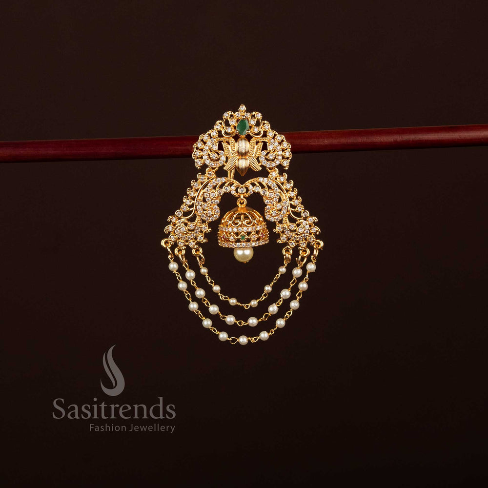 Premium Bridal American Diamond micro gold Jada Billai with Lotus Motif and Pearl Chains , look like real gold - Sasitrends