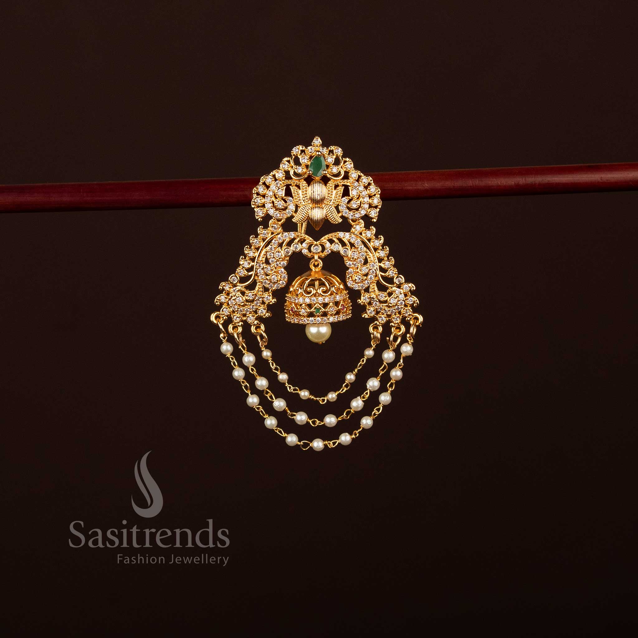 Premium Bridal American Diamond micro gold Jada Billai with Lotus Motif and Pearl Chains , look like real gold - Sasitrends