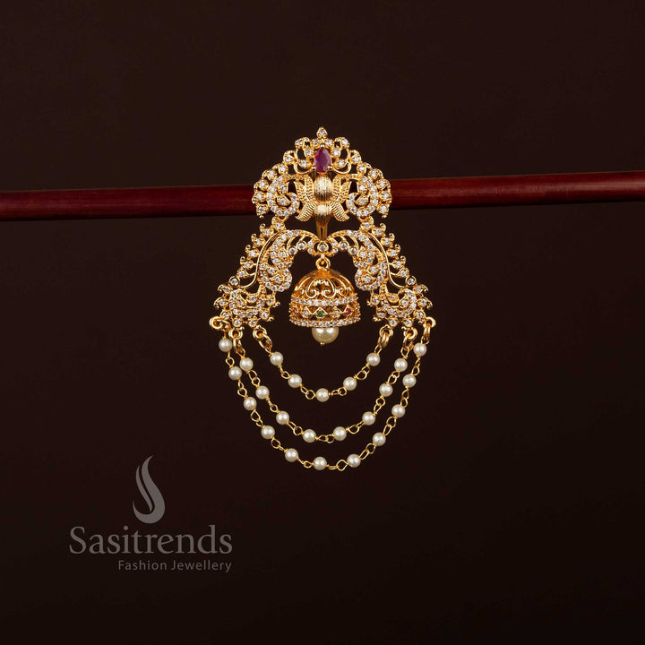 Traditional 24K Micro Gold Plated  Bridal AD Lotus Motif Jada Billai with Jhumka Drop & Triple Pearl Chains
