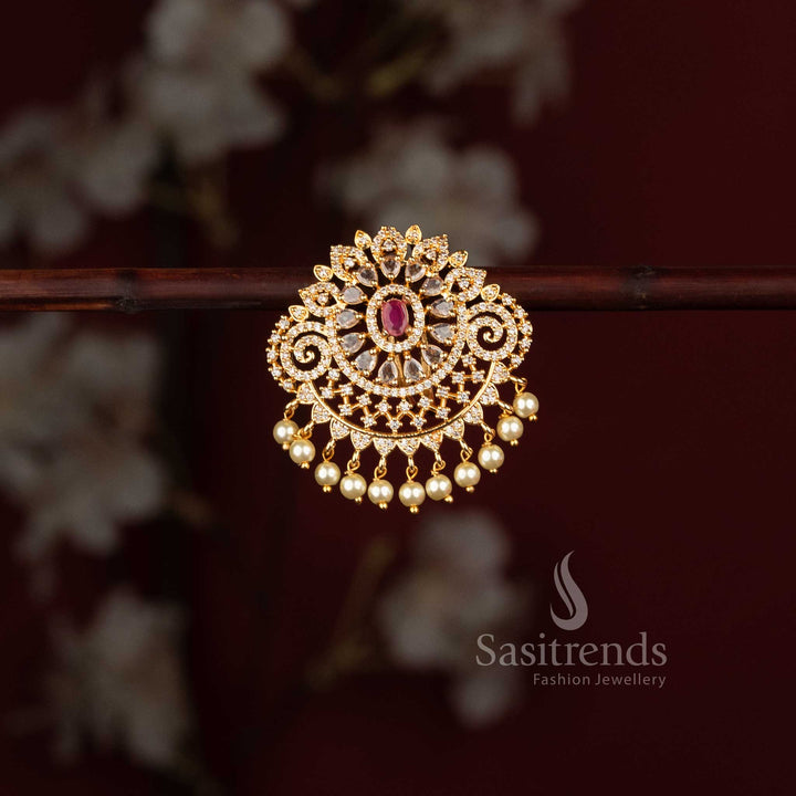 Royal Floral Sunburst One Gram Micro Gold Plated Traditional AD Stone Jada Billai Hair Brooch - Sasitrends