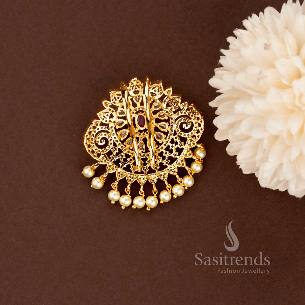 Detailed Circular AD Stone Sunburst Hair Brooch with Pearl Fringe for Bridal Jada - Sasitrends
