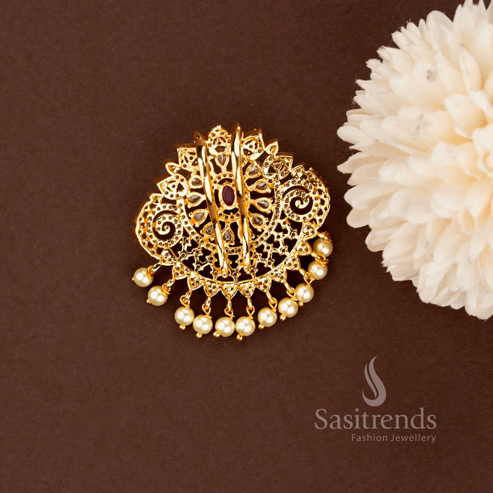 Detailed Circular AD Stone Sunburst Hair Brooch with Pearl Fringe for Bridal Jada - Sasitrends