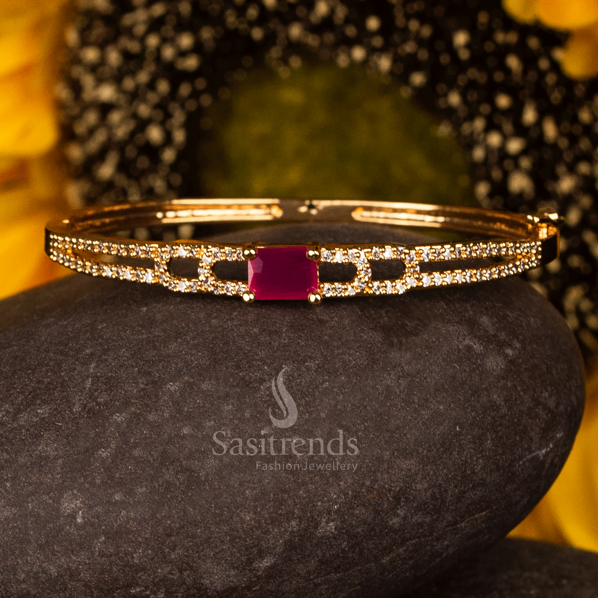 Micro Gold Plated American Diamond Openable Kada Bracelet featuring a central ruby square stone with AD-studded open link side design, crafted in 24K pure gold micro plating for a real-gold premium look - Sasitrends