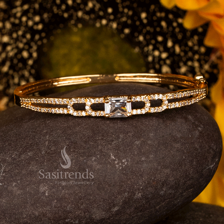 Guaranteed Micro Gold Plated American Diamond Openable Kada Bracelet featuring a central White square stone with AD-studded open link side design- Sasitrends
