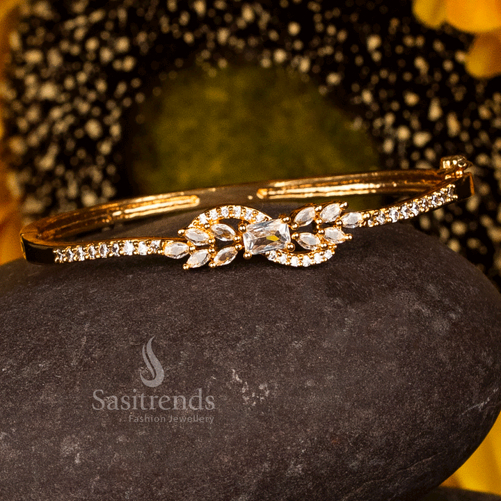 Micro Gold Plated American Diamond Kada Bracelet with a marquise-cut floral centre design, 24K pure gold micro plated for a real gold appearance, ideal for party and traditional wear - Sasitrends
