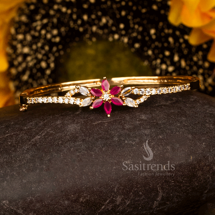 Party wear Micro Gold Plated american diamond Kada Bracelet featuring a white ruby floral blossom motif with marquise stones and AD detailing, crafted using 24K pure gold - Sasitrends