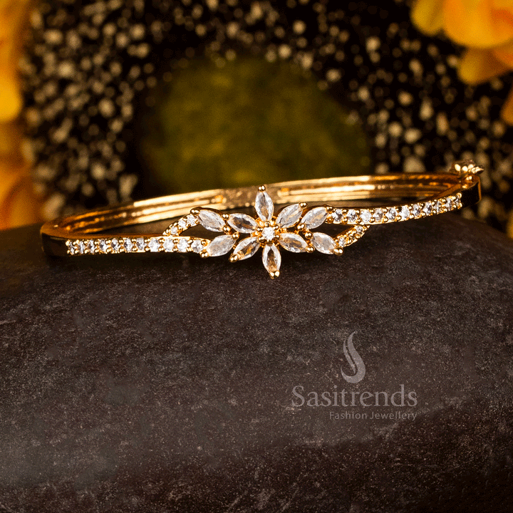 Micro Gold Plated american diamond Kada Bracelet featuring a white floral blossom motif with marquise stones and AD detailing, crafted using 24K pure gold - Sasitrends