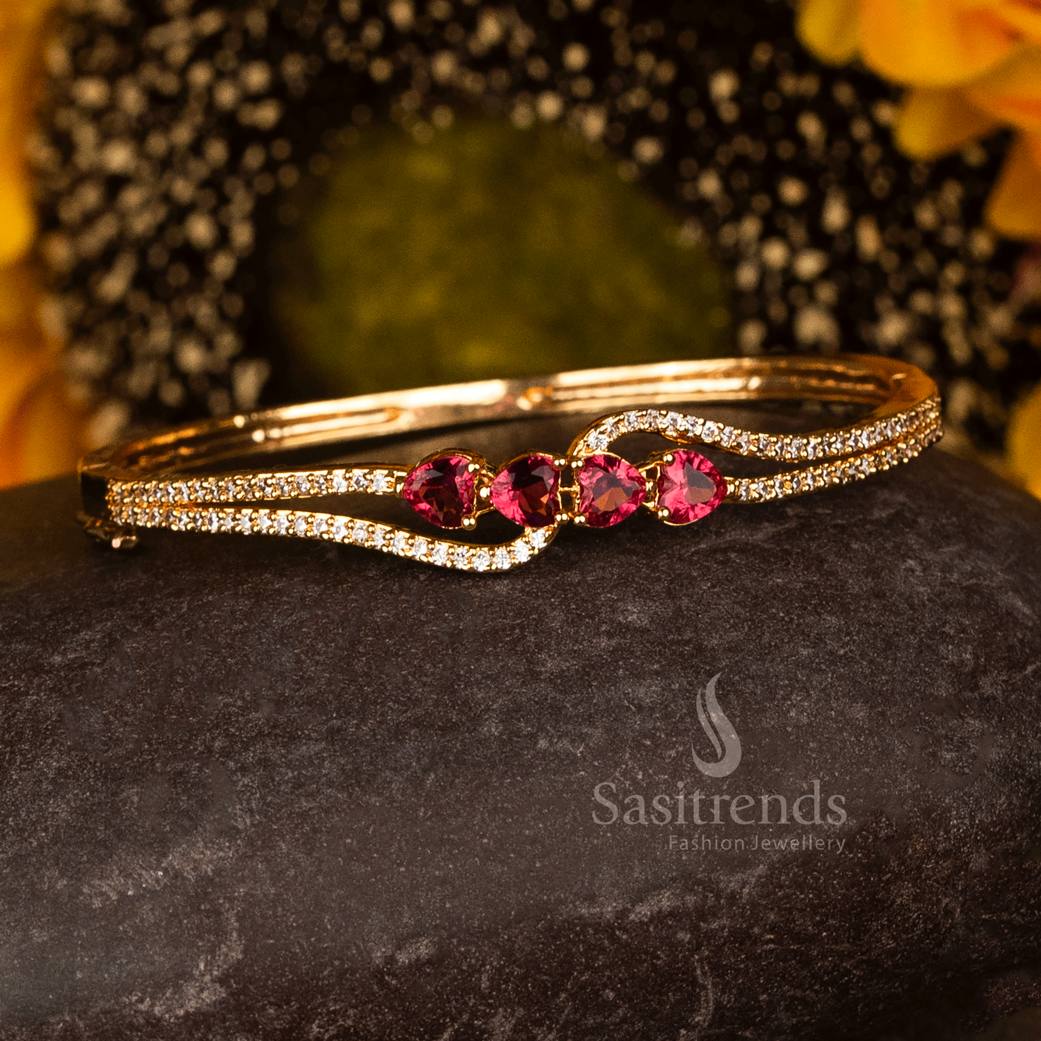 Micro Gold Plated American Diamond  Openable Kada Bracelet with four ruby heart-inspired stones and American Diamond accents - Sasitrends