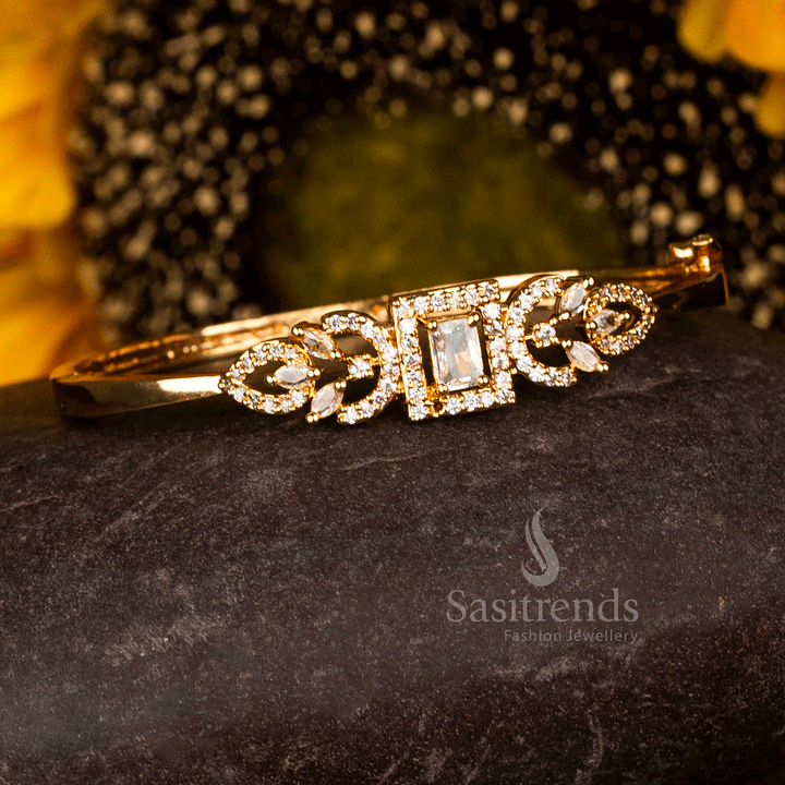 Micro Gold Plated American Diamond Kada Bracelet with a white square centre stone bordered by AD frame work and marquise side elements, crafted using 24K pure gold micro plating for a royal real-gold finish - Sasitrends 