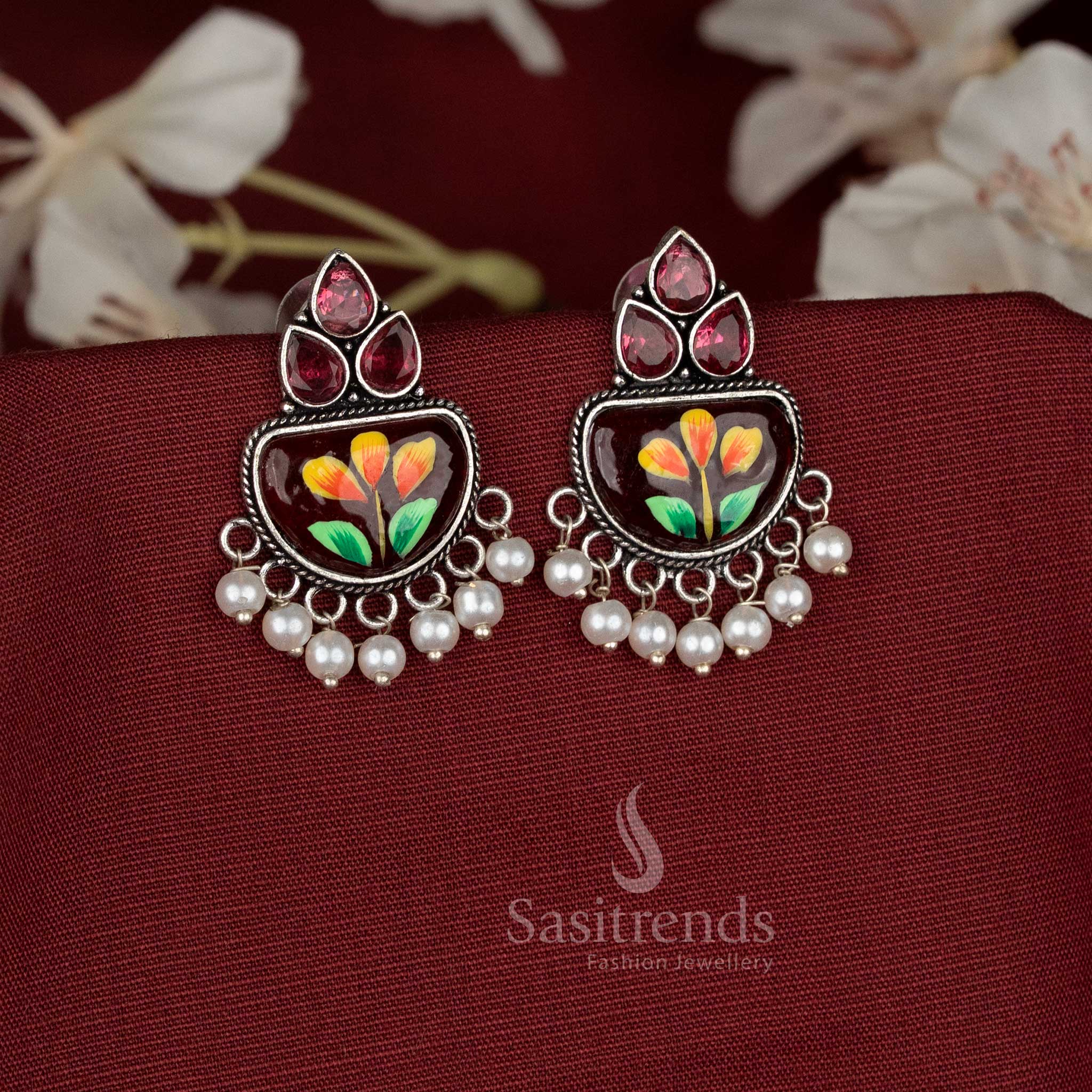 Casual wear Hand-painted maroon oxidised Monalisa stone teardrop motif earrings - Sasitrends