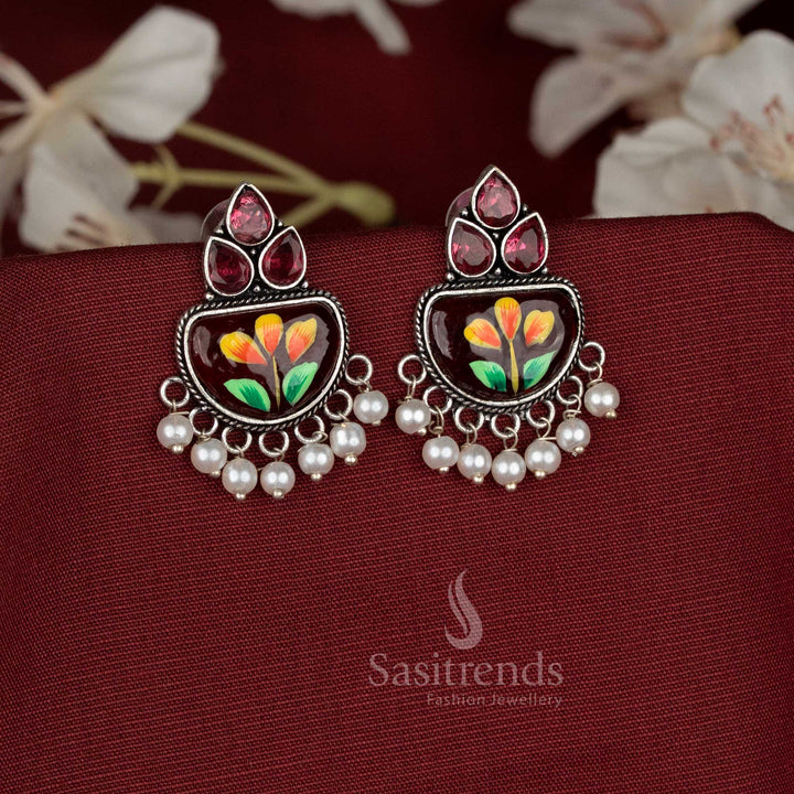 Casual wear Hand-painted maroon oxidised Monalisa stone teardrop motif earrings - Sasitrends