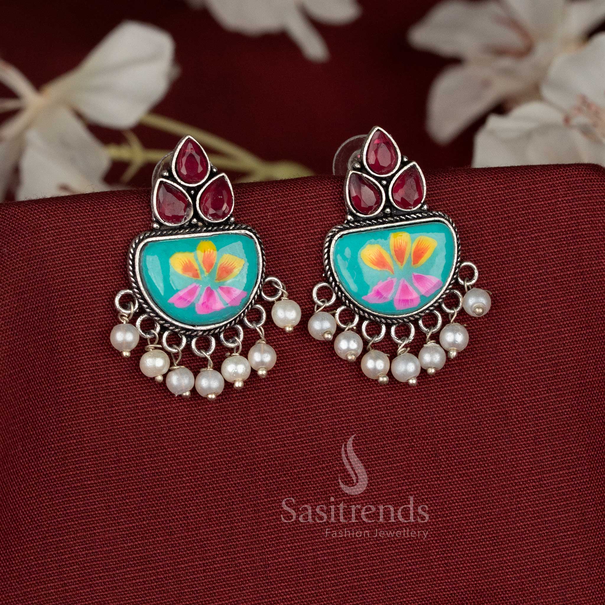 Office wear Hand-painted Sky blue oxidised Monalisa stone red teardrop motif earrings - Sasitrends