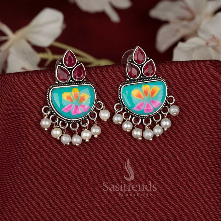 Office wear Hand-painted Sky blue oxidised Monalisa stone red teardrop motif earrings - Sasitrends