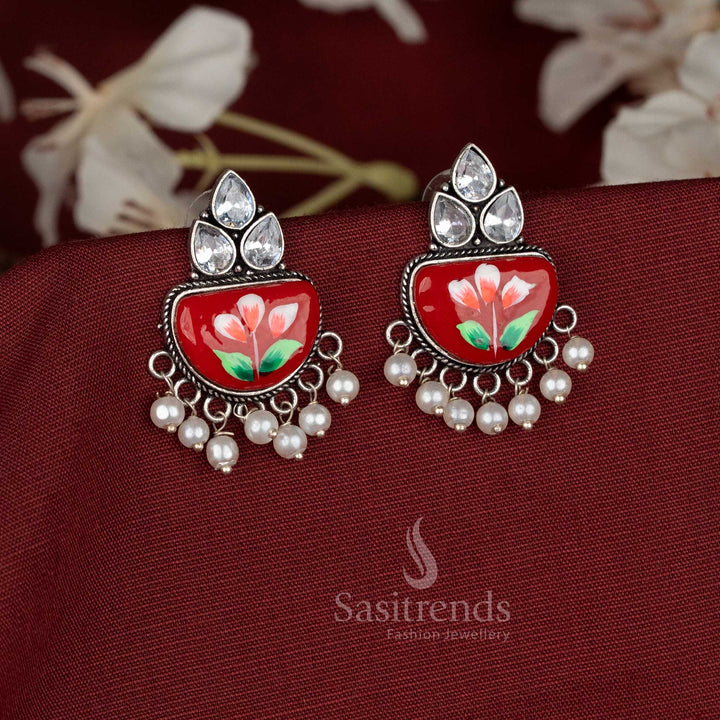Navarathri wear Hand-painted red oxidised Monalisa stone white teardrop motif earrings - Sasitrends