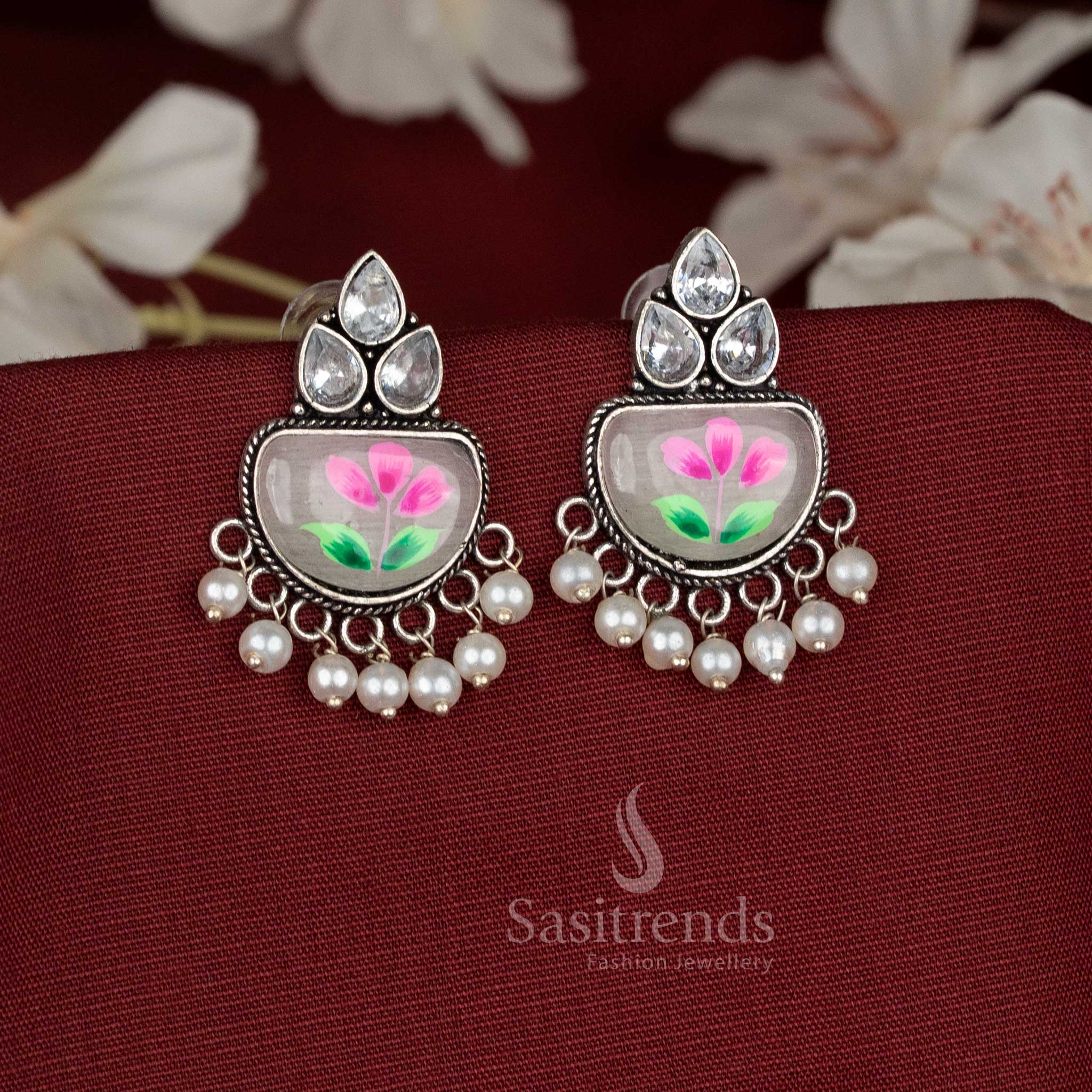 Casual wear white Hand-painted maroon oxidised Monalisa stone teardrop motif earrings with hanging pearls - Sasitrends