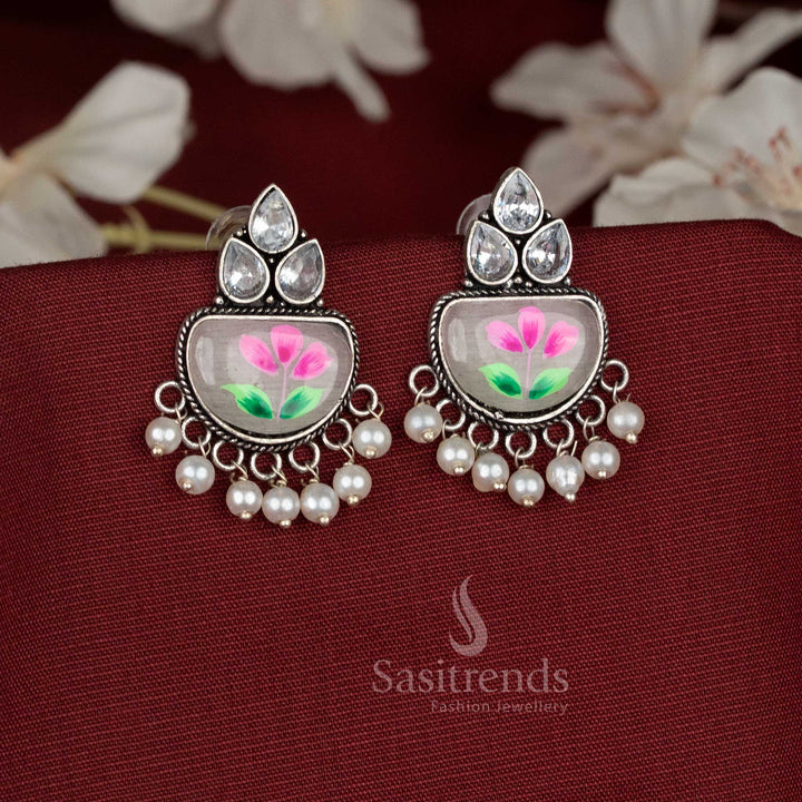 Casual wear white Hand-painted maroon oxidised Monalisa stone teardrop motif earrings with hanging pearls - Sasitrends