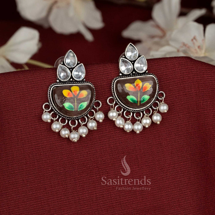 Daily wear white Hand-painted brown oxidised Monalisa stone white teardrop motif earrings with hanging pearls - Sasitrends