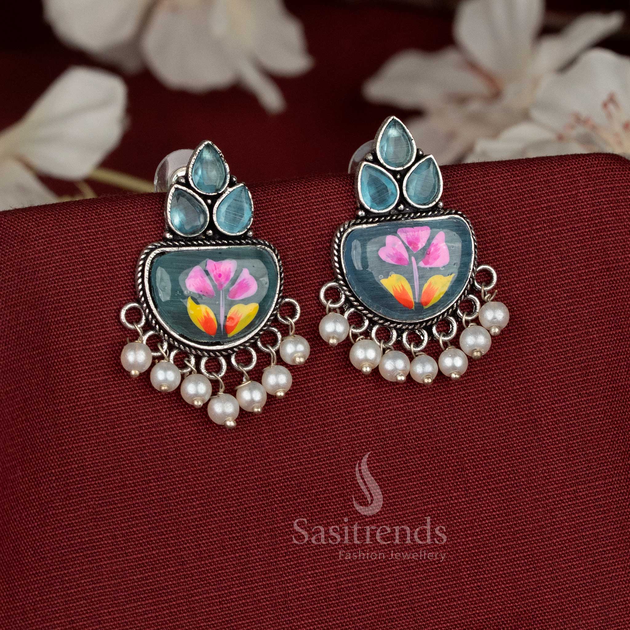 beautifully crafted Hand-painted ocean blue oxidised Monalisa stone teardrop motif earrings with hanging pearls - Sasitrends