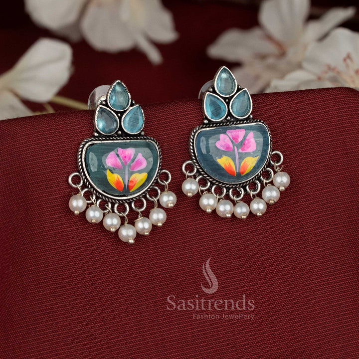 beautifully crafted Hand-painted ocean blue oxidised Monalisa stone teardrop motif earrings with hanging pearls - Sasitrends