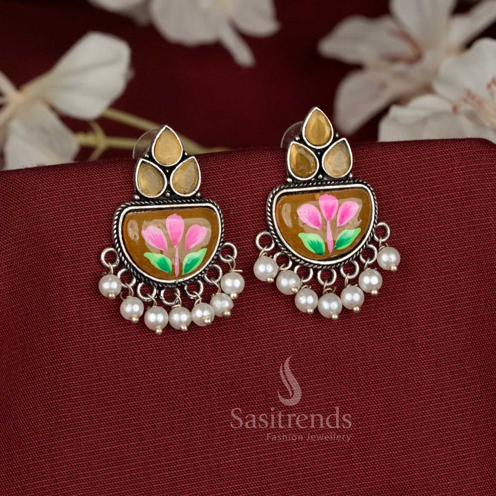 Casual wear yellow Hand-painted oxidised Monalisa stone teardrop motif earrings with hanging pearls - Sasitrends