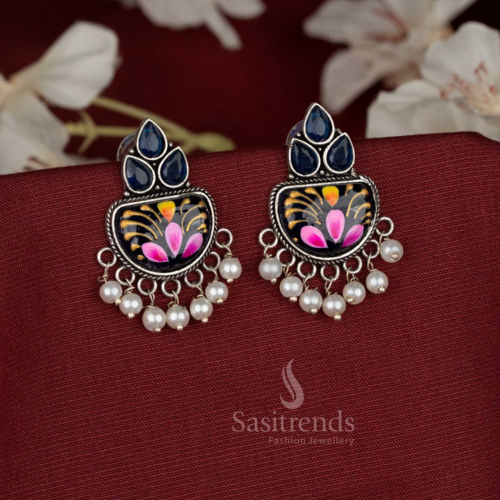 Office wear blue Hand-painted oxidised Monalisa stone teardrop motif earrings with hanging pearls - Sasitrends