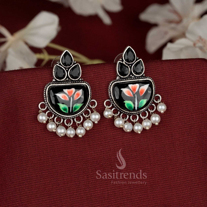 Daily wear Black Hand-painted oxidised Monalisa stone teardrop motif earrings with hanging pearls - Sasitrends