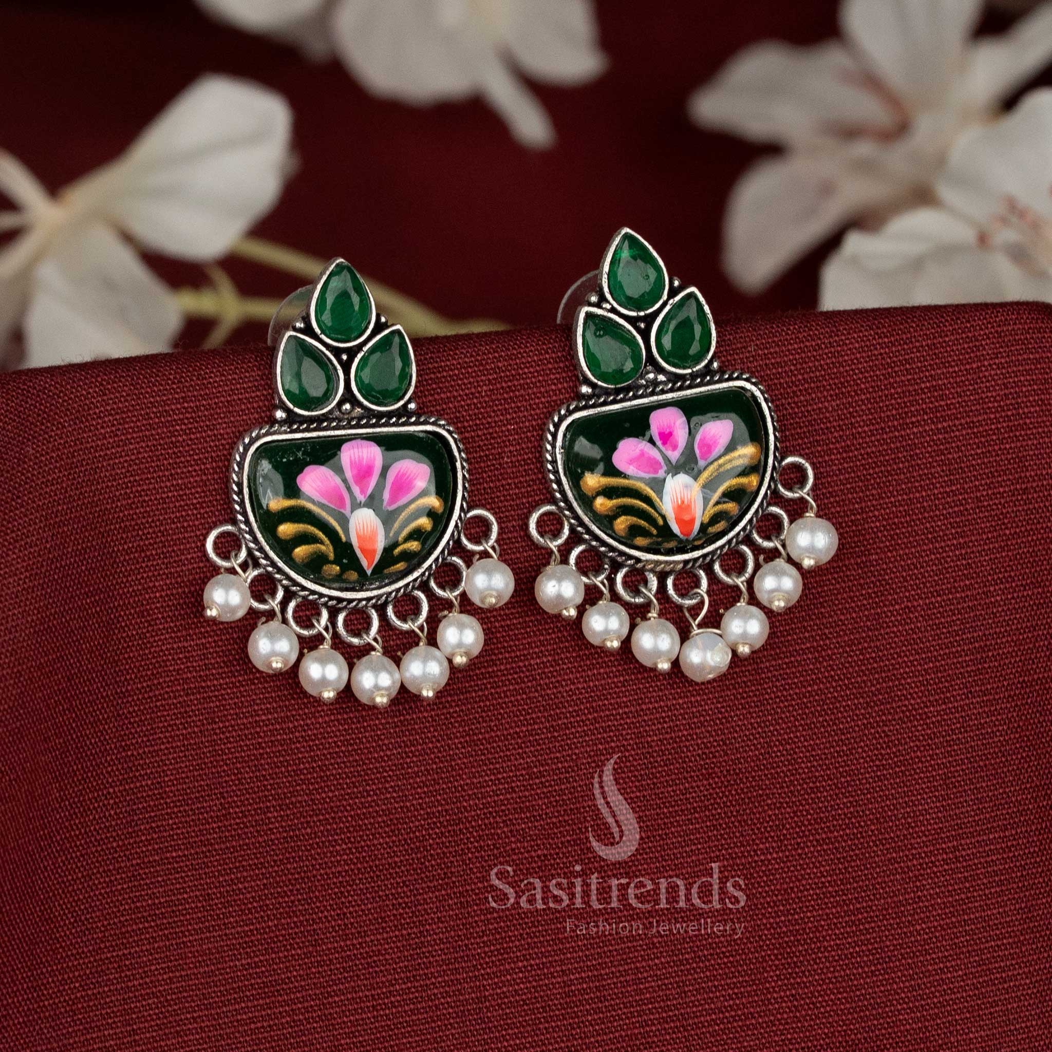 Attractive Casual wear green Hand-painted oxidised Monalisa stone teardrop motif earrings with hanging pearls - Sasitrends