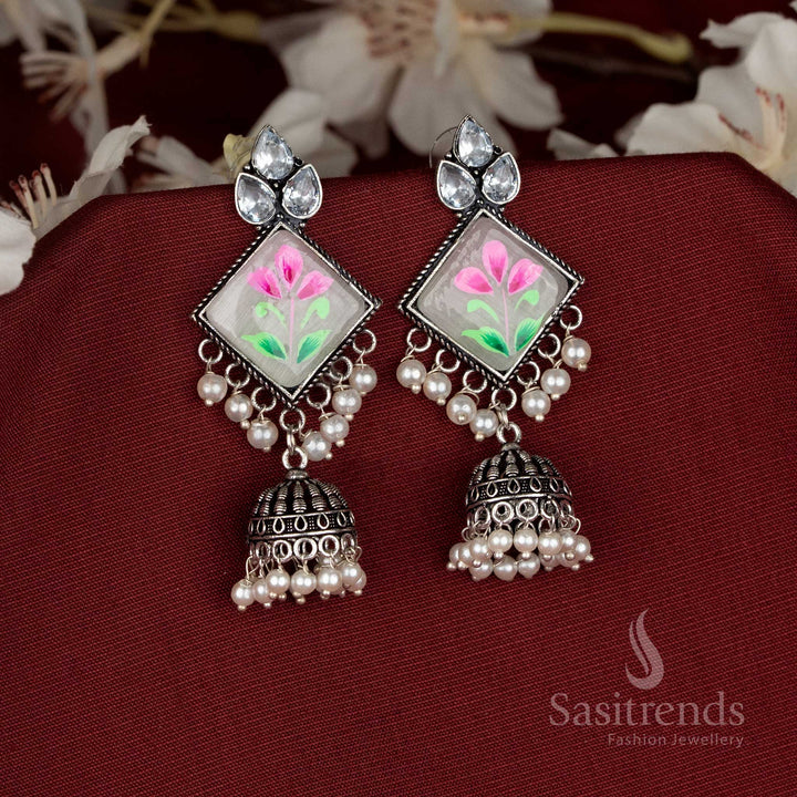 Hand-Painted Monalisa Stone Oxidised Diamond-Cut Jhumka Earrings for Navaratri and Festive Celebration Styling